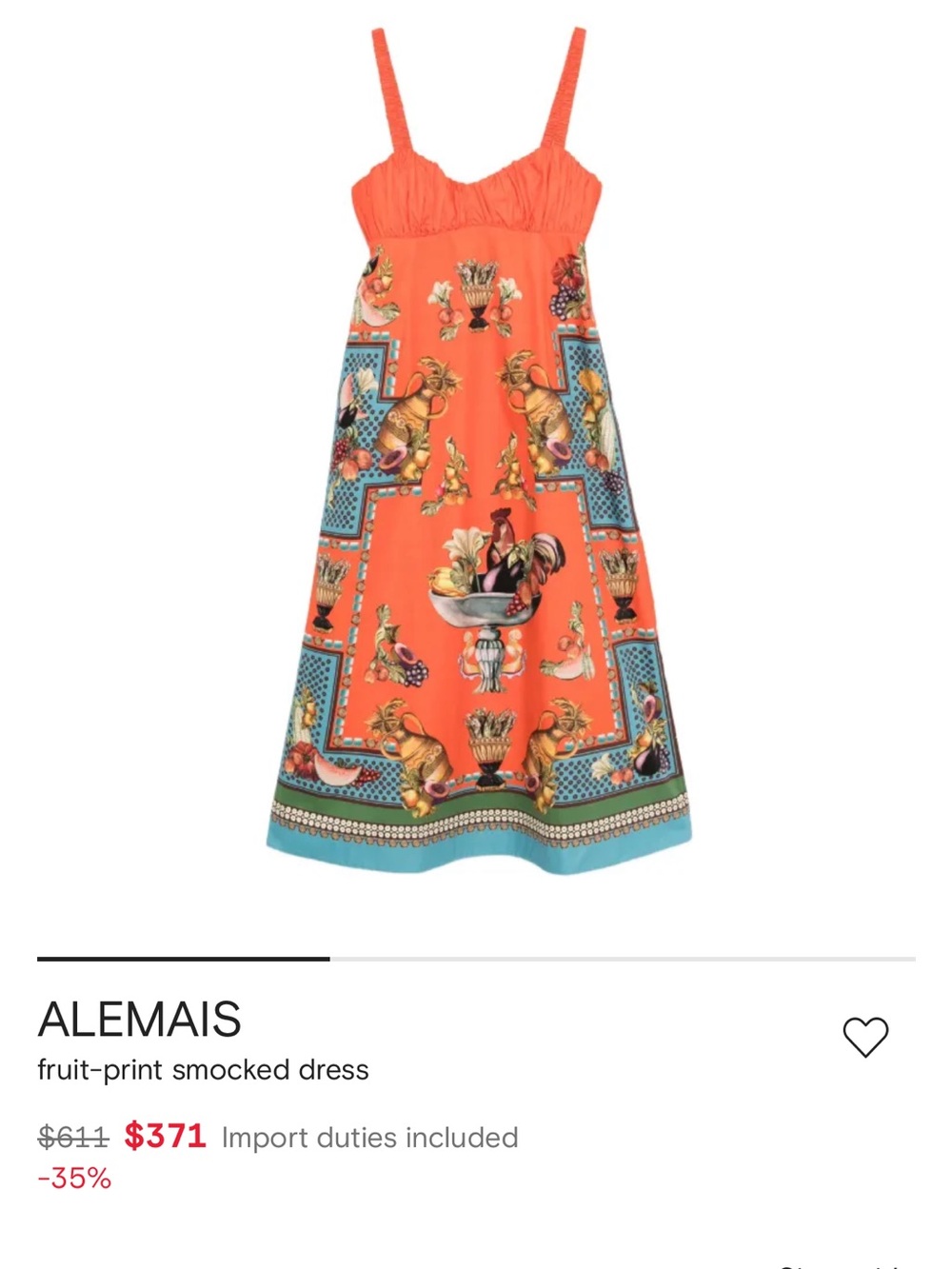 Alemais Orange Fruit-Print Smocked Sundress with Turquoise Border